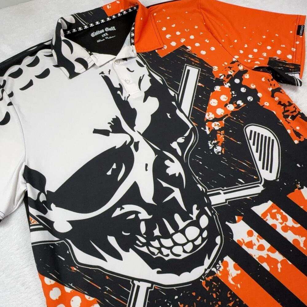 Tattoo Golf Polo Shirt Mens 2XL Orange Skull Graphic Golf Clubs Collared